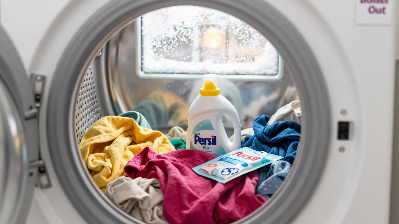 Laundry inside a washing machine drum with detergent bottles on top, internal heater glowing faintly through the glass door.