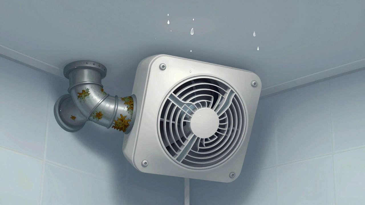 Mold growing inside a bathroom extractor fan duct with moisture on the ceiling.