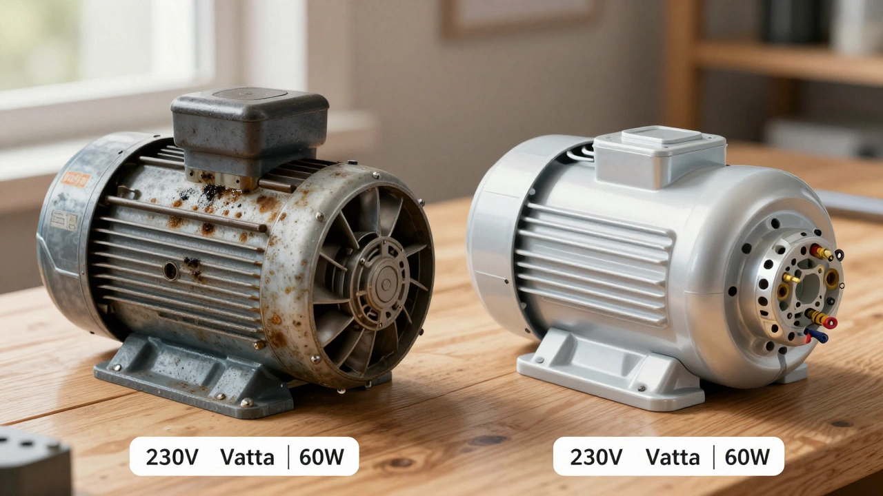 Side-by-side comparison of old and new extractor fan motors on a workbench with labeled specs.