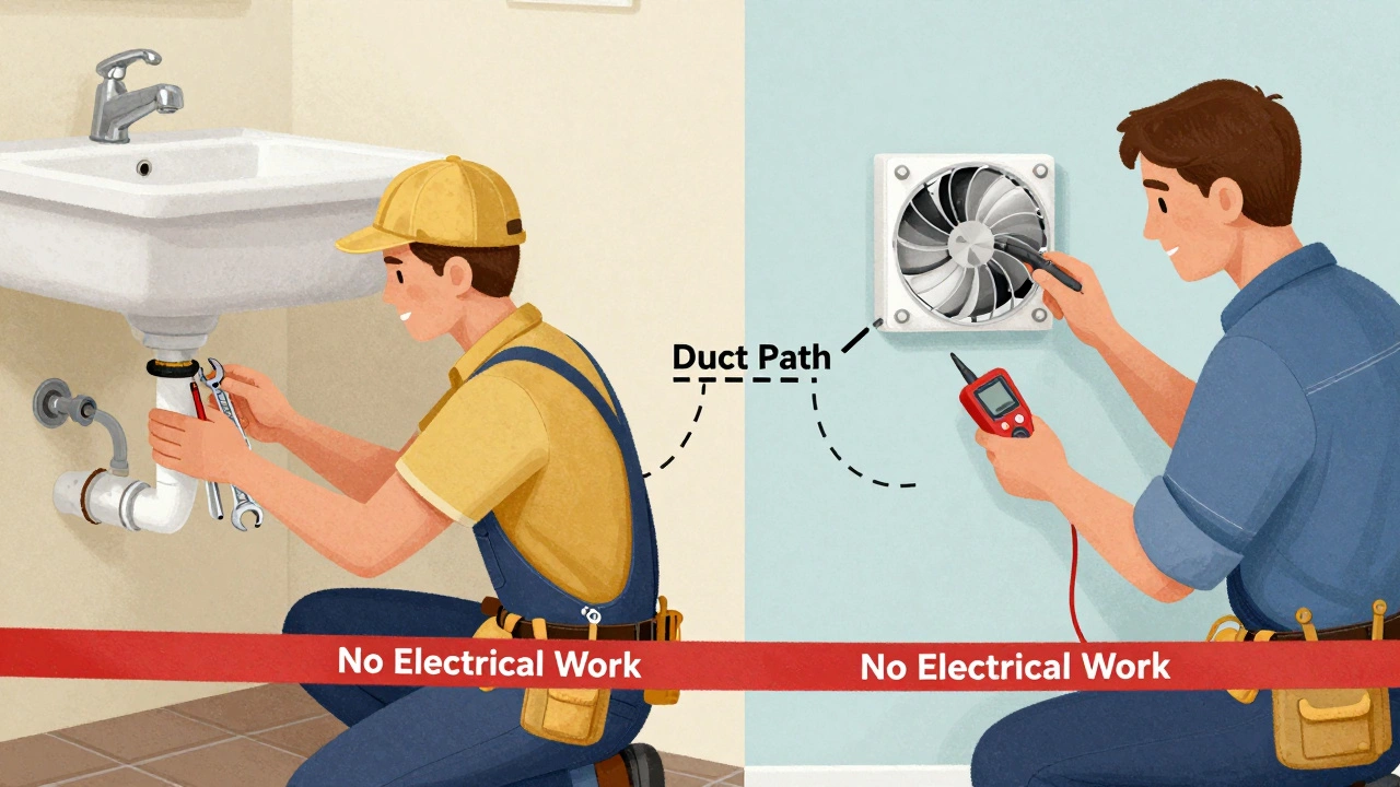 Split illustration showing plumber and electrician working on separate home systems.