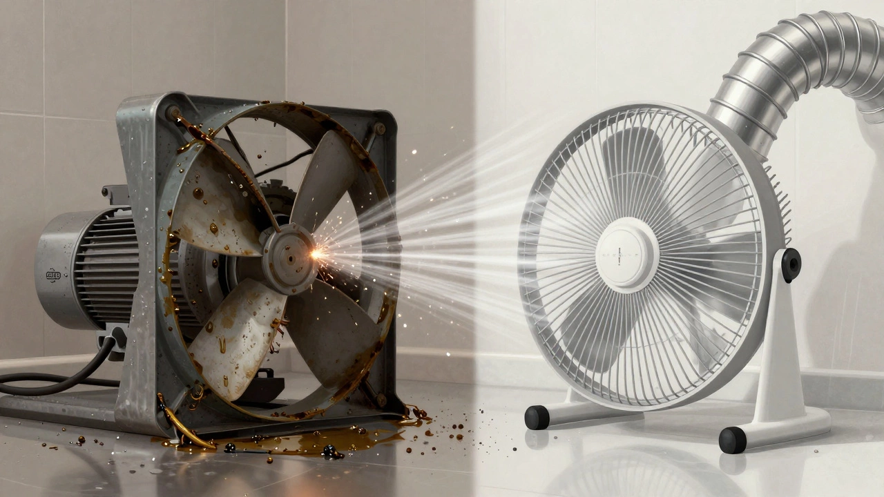 Split image: a damaged, greasy fan on one side, a clean modern fan with timer on the other.