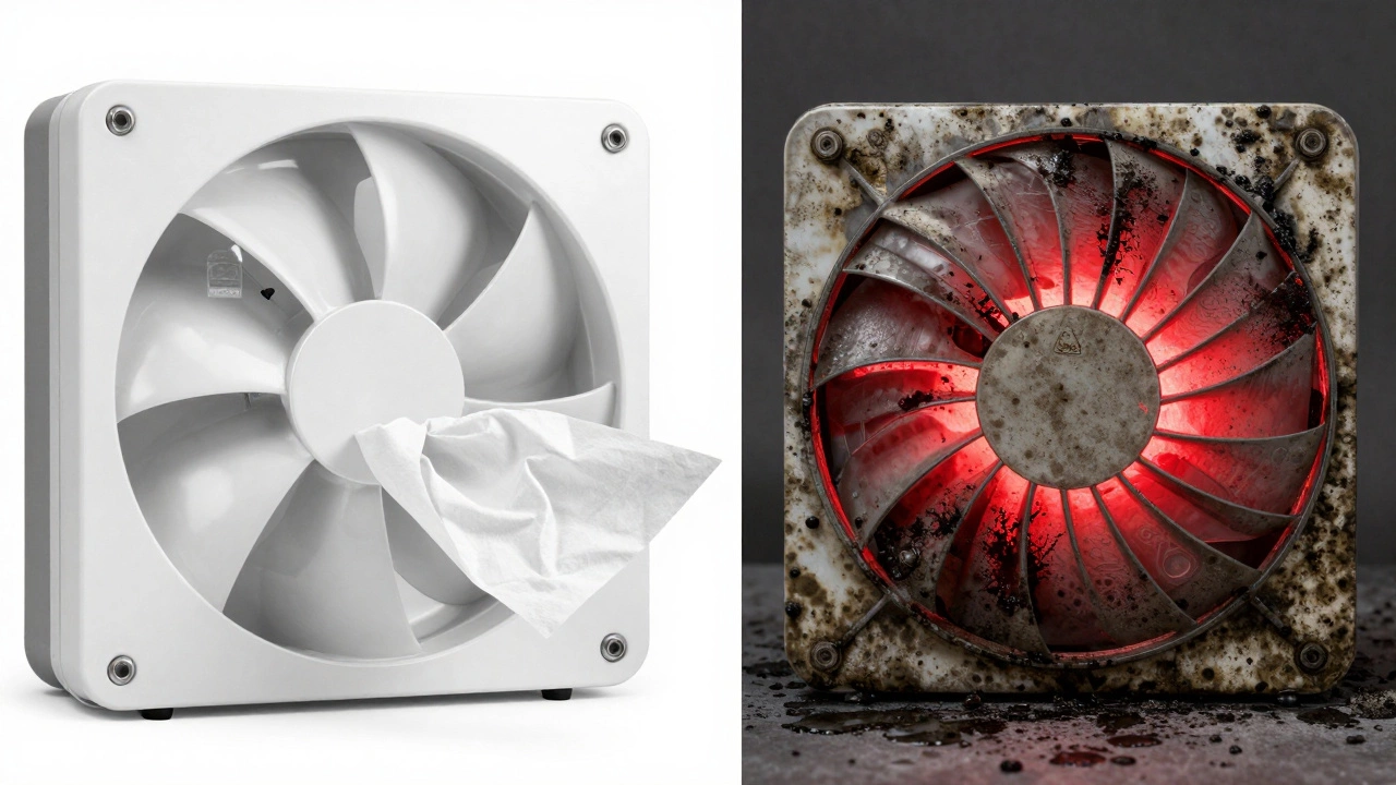 Split image: clean efficient fan vs. dirty, moldy fan with red warning glow.