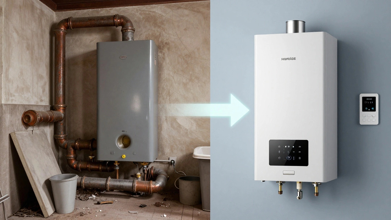Split image comparing an old, rusted boiler system with a sleek modern replacement in a clean space.