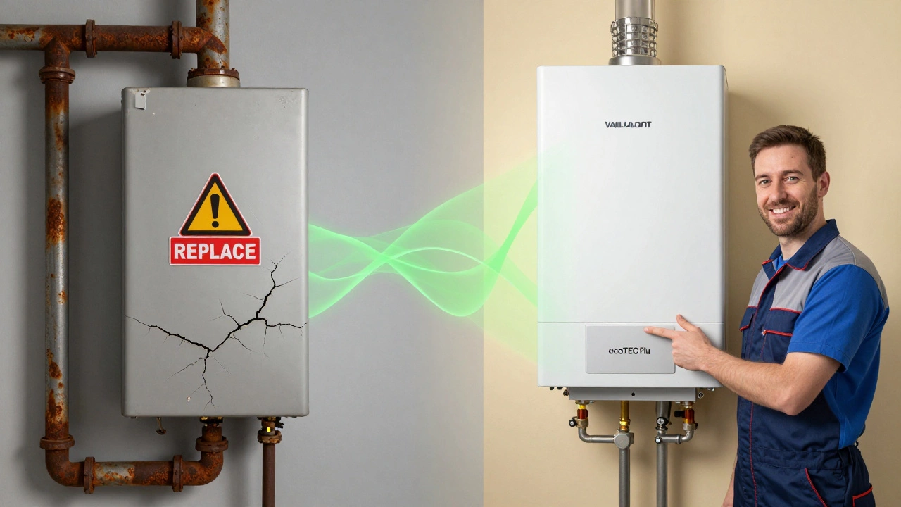 Split image: old broken boiler vs. new efficient boiler installation.