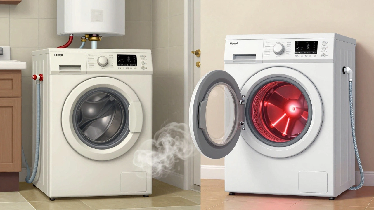 Split image: old washing machine with hot water hose connected to broken boiler versus new machine with only cold water connection.