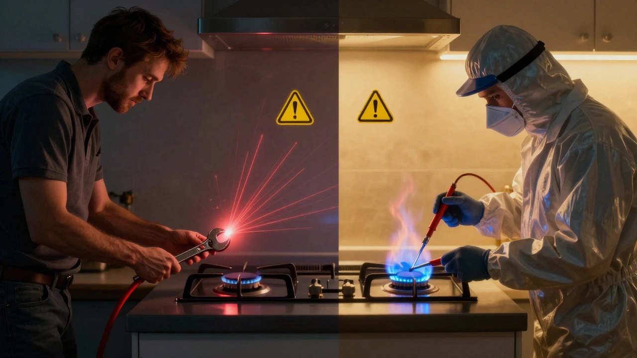 Split-screen comparison: DIY gas hob installation dangers vs. professional safe installation.