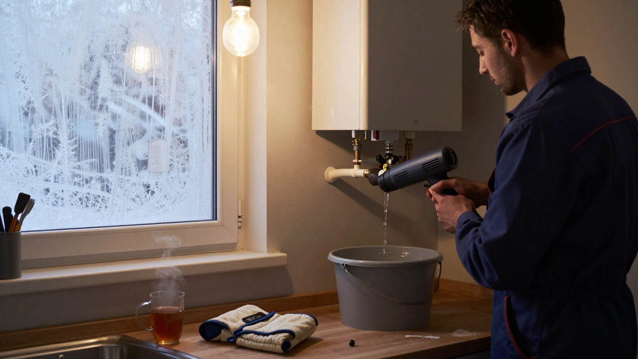 Technician thawing a frozen condensate pipe with a heat gun in a frosty kitchen.