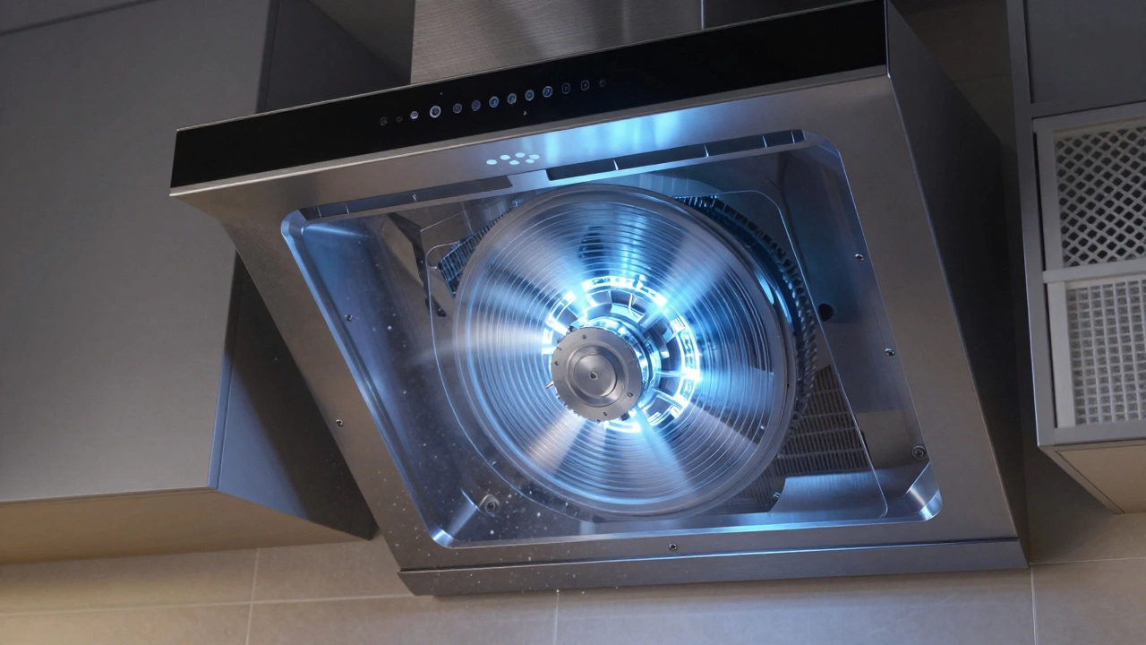 Transparent extractor fan showing a glowing new motor spinning cleanly inside with grease particles drifting away.