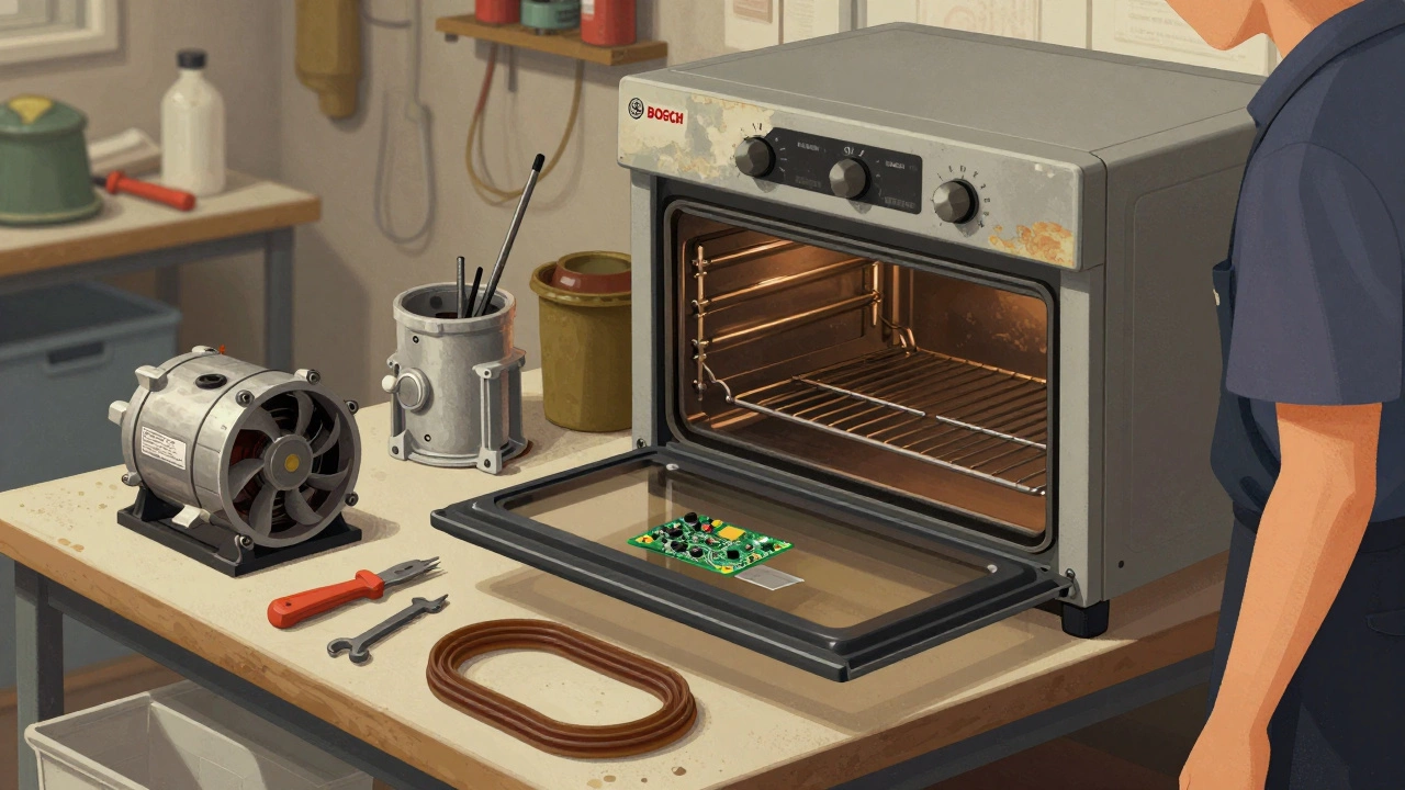 A Bosch oven being repaired with modular parts laid out on a workbench, showing easy maintenance design.