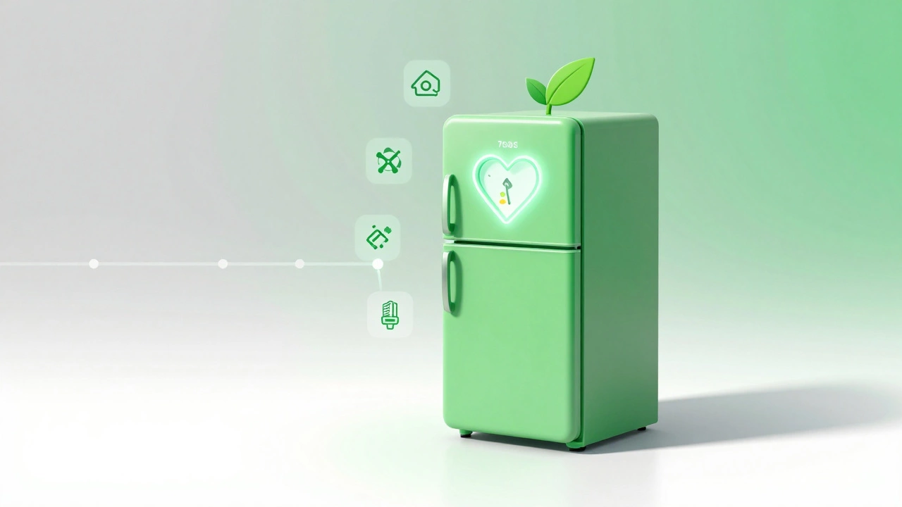 A refrigerator with a heart-shaped efficiency meter, symbolizing repair, savings, and environmental sustainability.