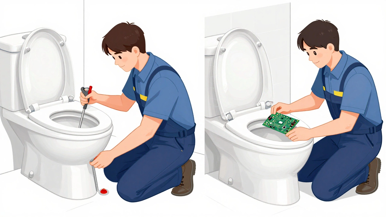 A side-by-side scene showing a plumber fixing plumbing and an appliance technician repairing electrical components of a smart toilet.