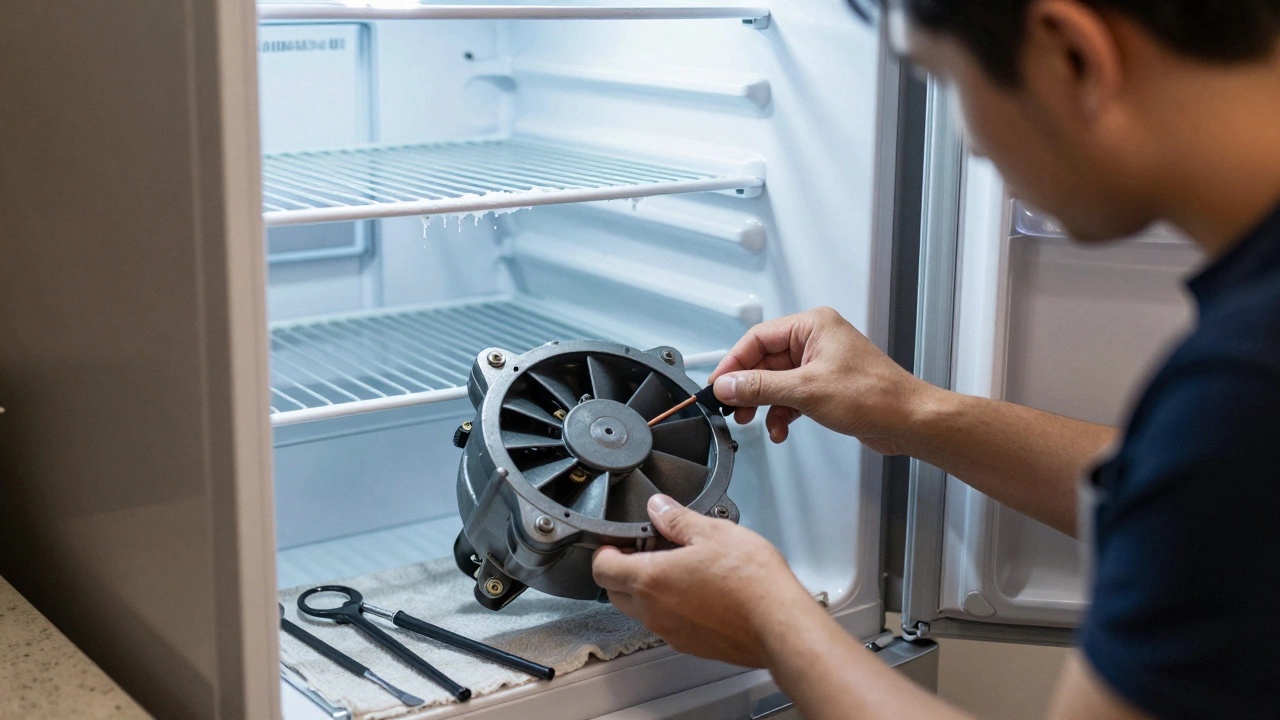 A technician replacing an evaporator fan motor in a 7-year-old fridge, with frost melting on shelves.