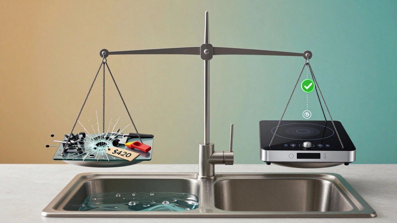 Balance scale weighing broken hob against new energy-efficient model