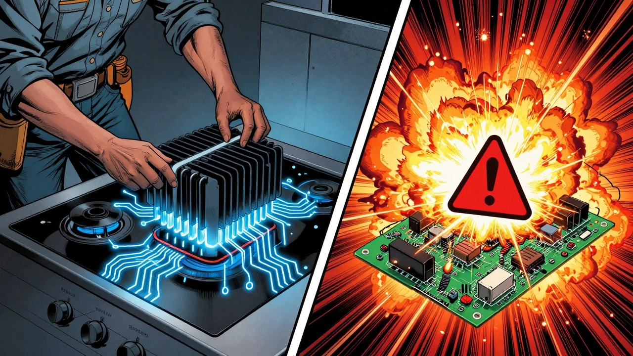 Comic-style technician replacing hob element vs control board sparking