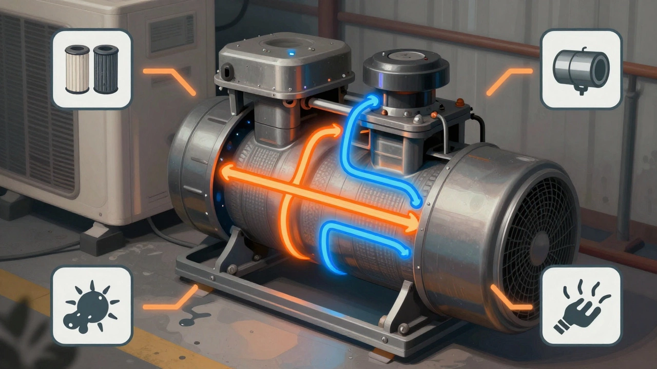 Cross-section diagram showing how a heat pump compressor moves refrigerant with failure indicators.