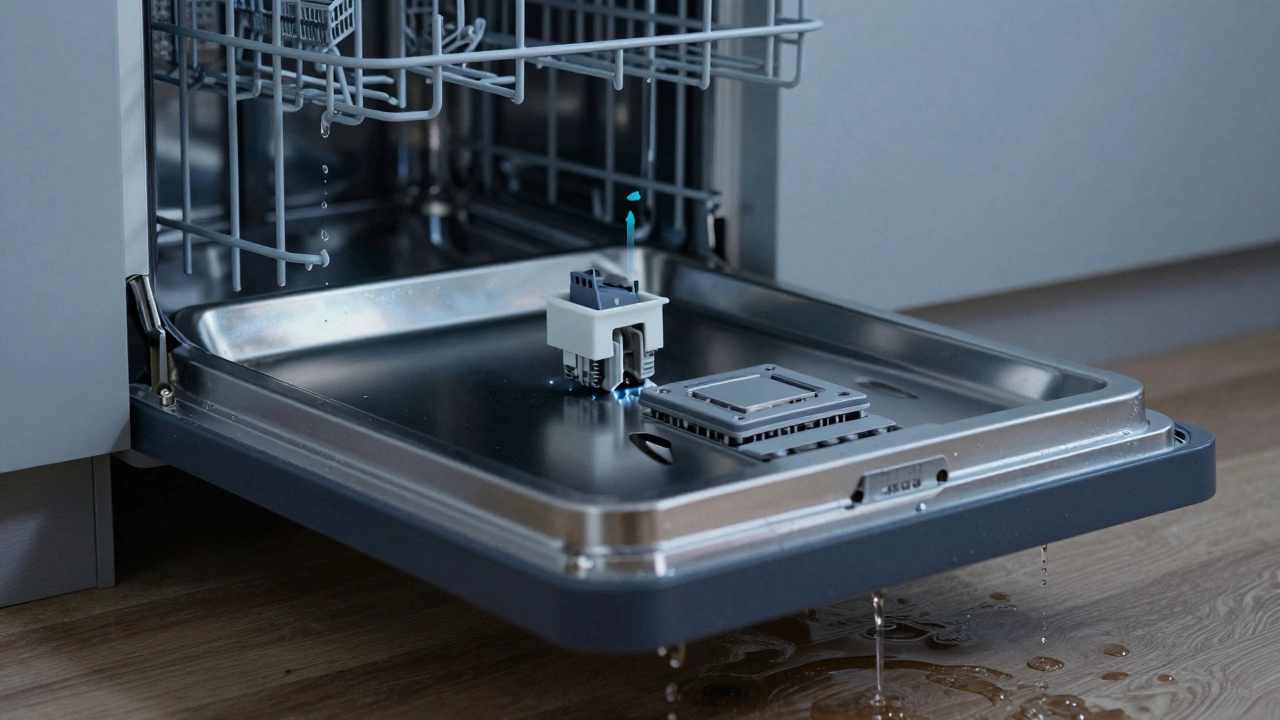 Cross-section of a malfunctioning dishwasher showing leaks and clogged parts.