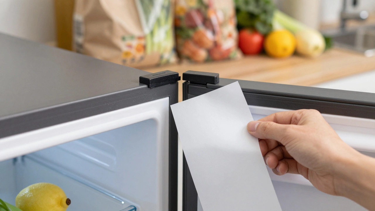 Hand performing the paper test on a leaking fridge door seal with frost inside.