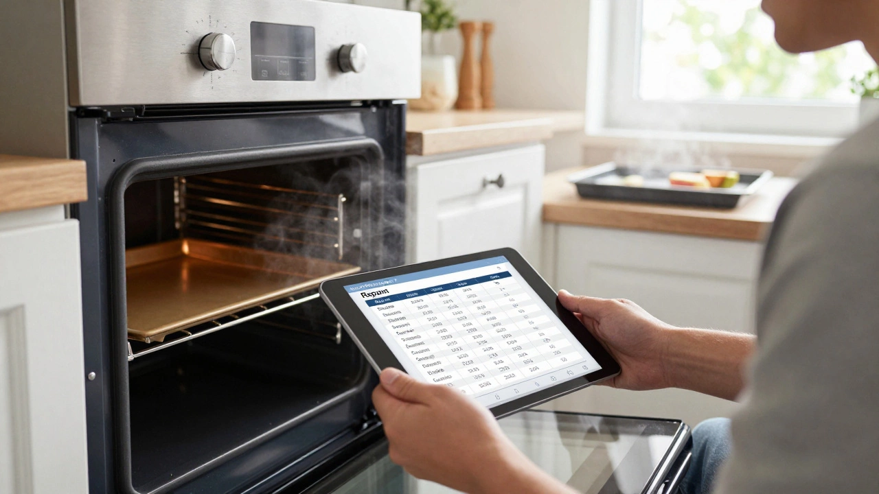 Homeowner checking an oven's model sticker while viewing repair vs replacement costs on a tablet in a kitchen.