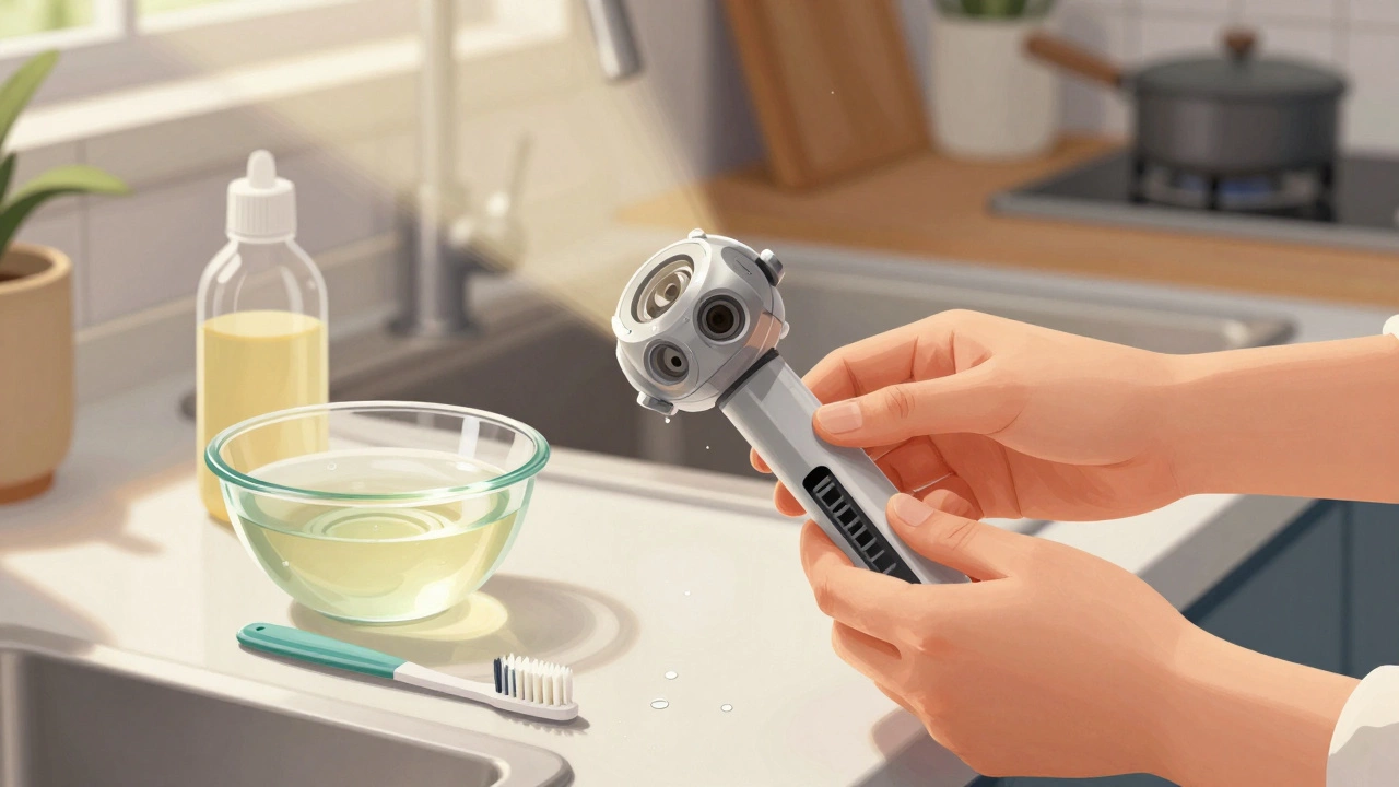 Person cleaning a dishwasher spray arm with vinegar and a toothpick.