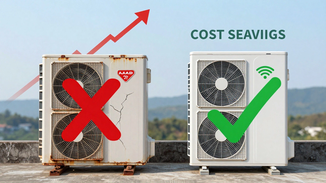 Side-by-side comparison of old and new heat pump systems with cost-saving symbols.