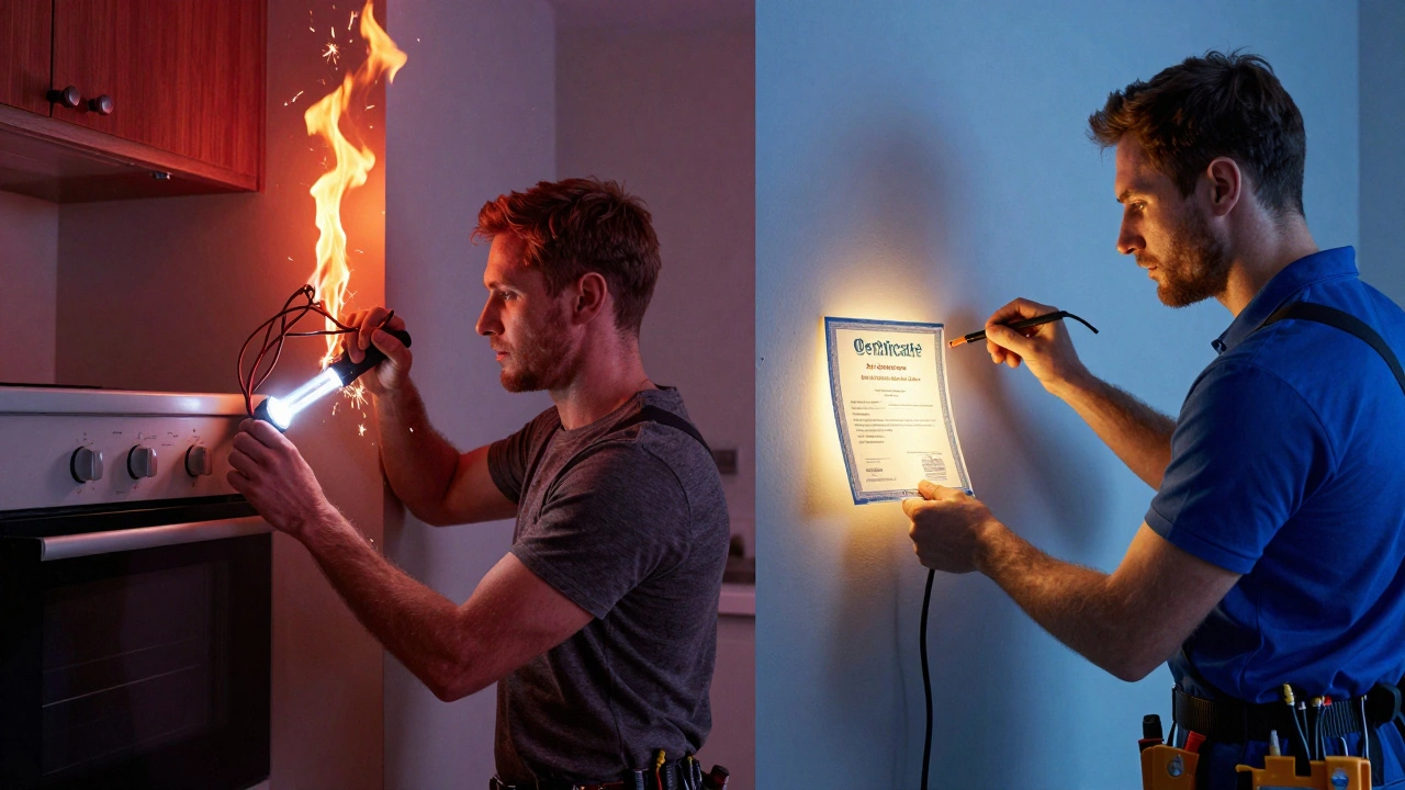 Split image: left shows dangerous DIY oven wiring with sparks and fire, right shows safe professional installation with compliance certificate.