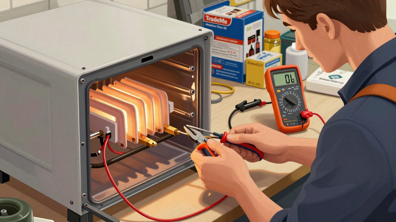 Technician disconnecting wires from oven heating element using insulated pliers, multimeter visible.