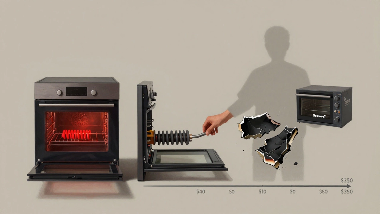 Timeline showing oven element from new to broken, with cost scale and replacement hand gesture.