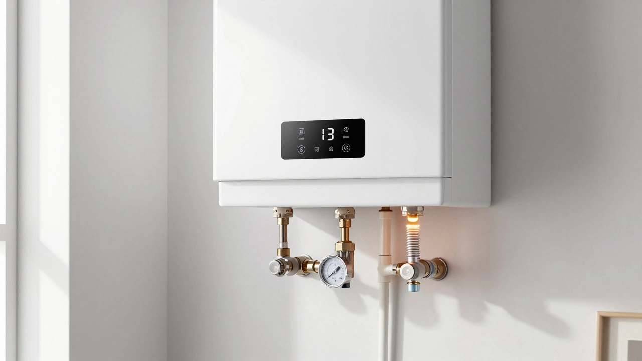 A modern boiler with magnetic filter and insulated pipes, showing efficient home heating technology.