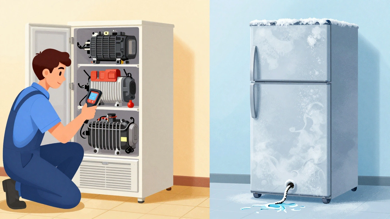 A technician using tools to service a fridge on one side, while the same fridge in disrepair leaks and frosts on the other.