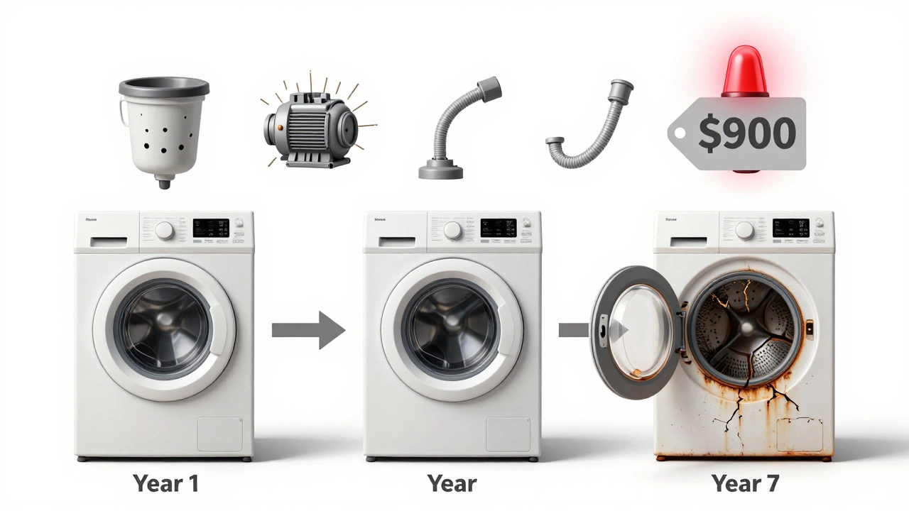 A timeline showing a washing machine deteriorating from new to broken over seven years with warning icons floating above.