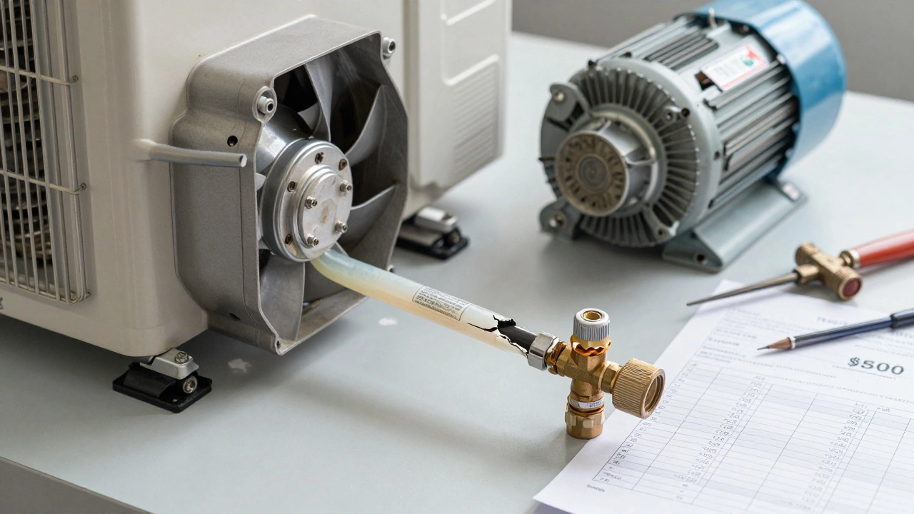Close-up of a leaking refrigerant line and worn heat pump parts on a workbench with repair cost sheet.