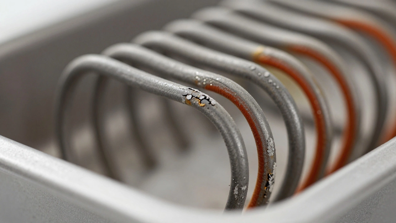 Closeup view of damaged grey oven heating element coil