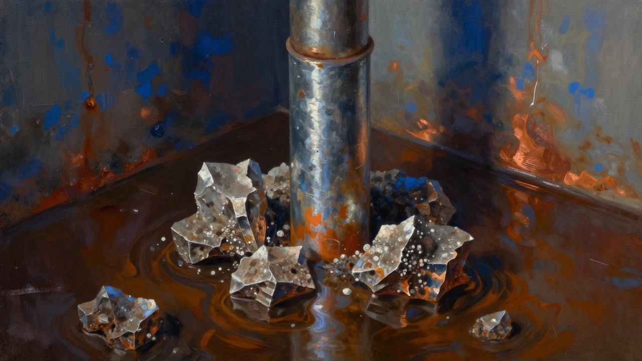 Corroded anode rod surrounded by limescale deposits illustrating chemical damage inside tank.