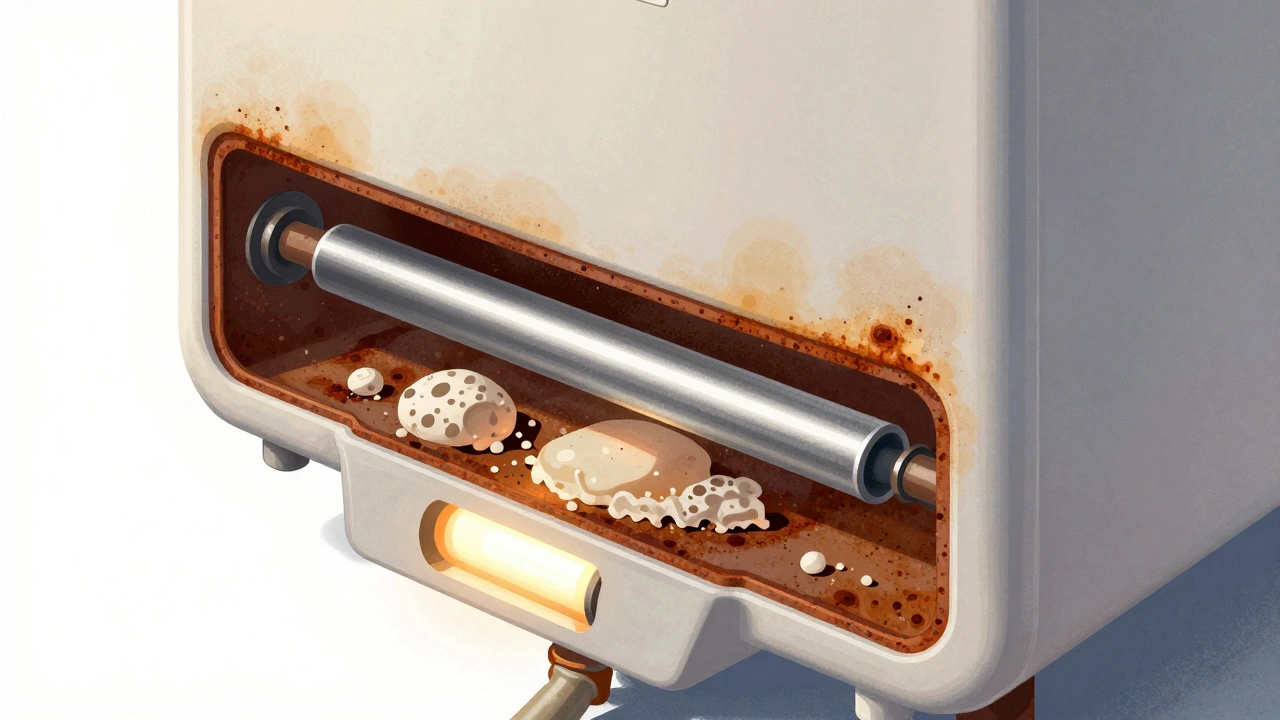 Cross-section of a water heater showing corroding anode rod and sediment buildup inside the tank.