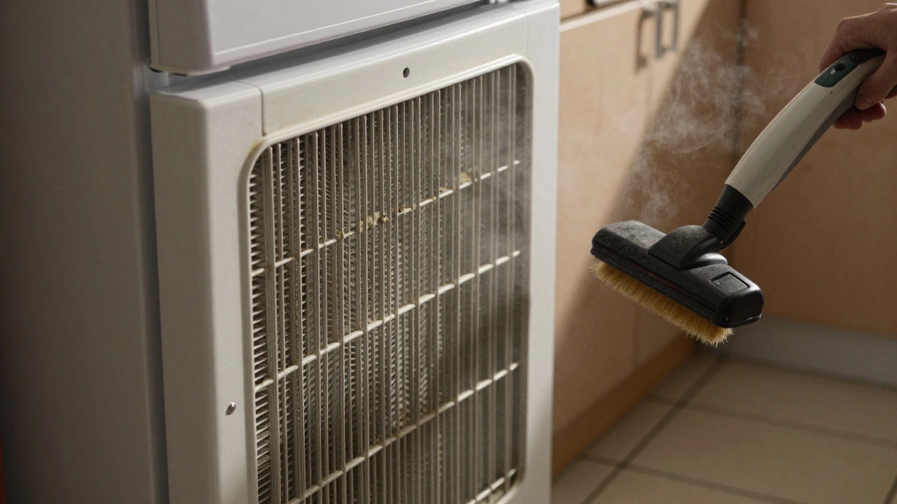 Dusty condenser coils on a freezer's back, clogged with pet hair and lint in a kitchen setting.