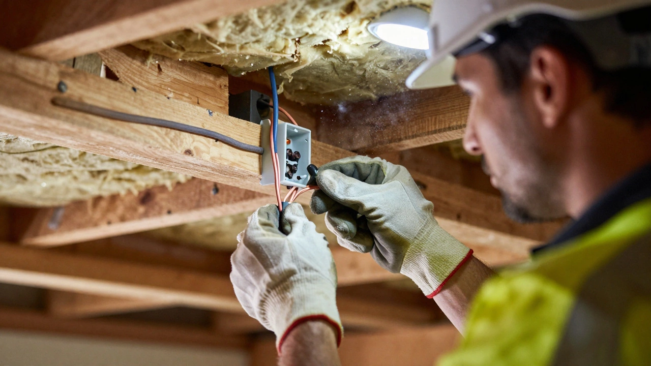 Electrician fixing wires inside a roof ceiling cavity