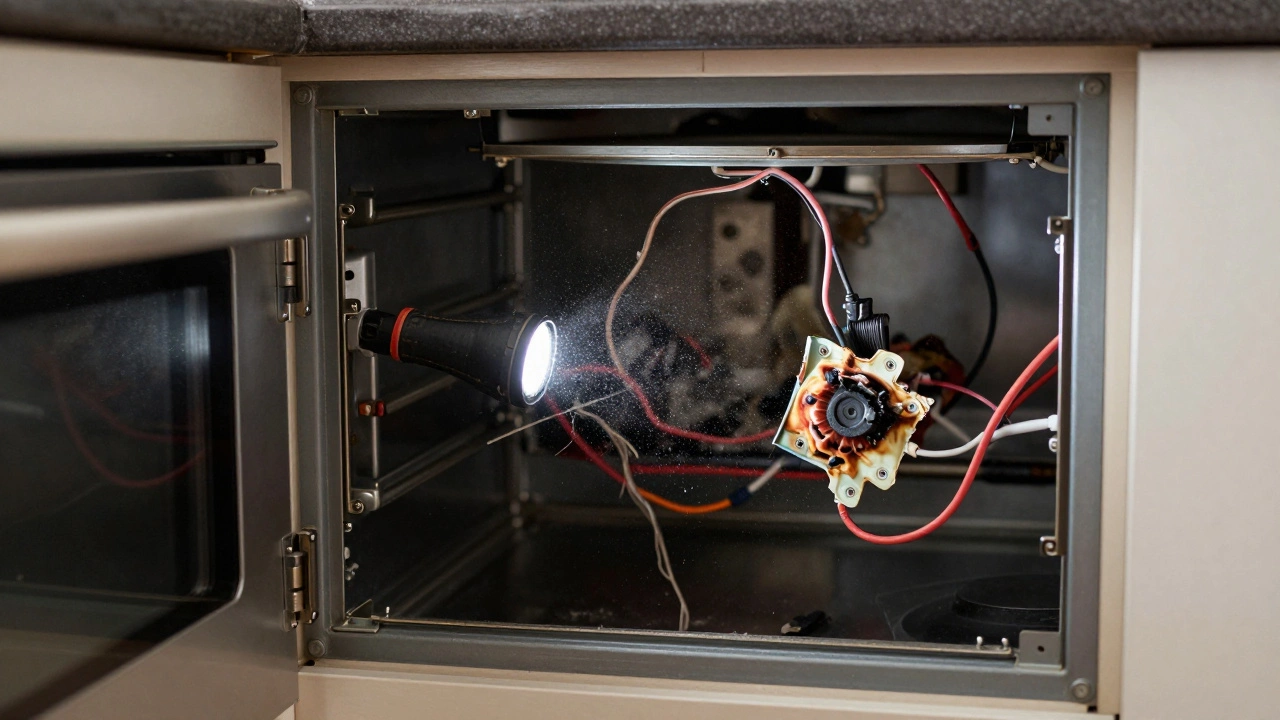 Exposed back of an electric oven revealing frayed wires and melted insulation, highlighting an electrical hazard.