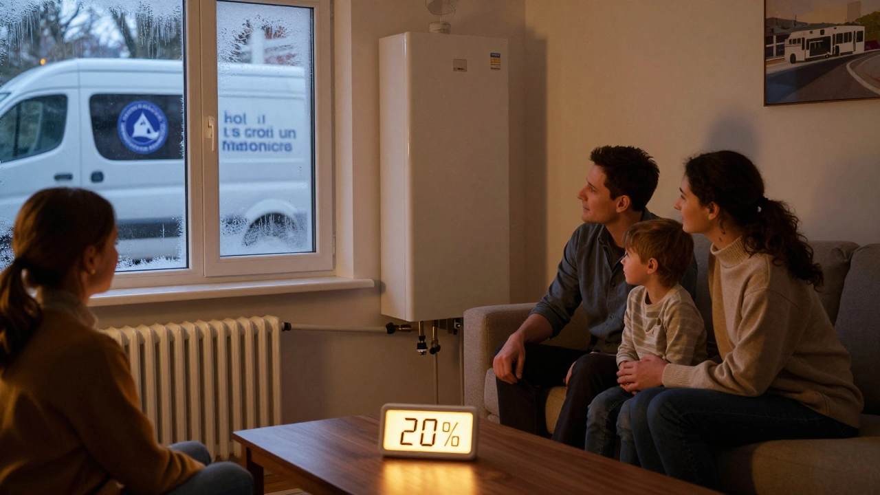 Family relaxing in a warm living room with a reduced energy bill, new boiler implied outside.