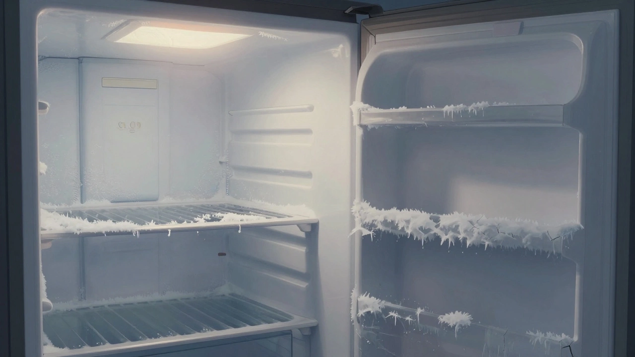 Freezer interior with patchy frost on one side and thick ice blocking shelves on the other.