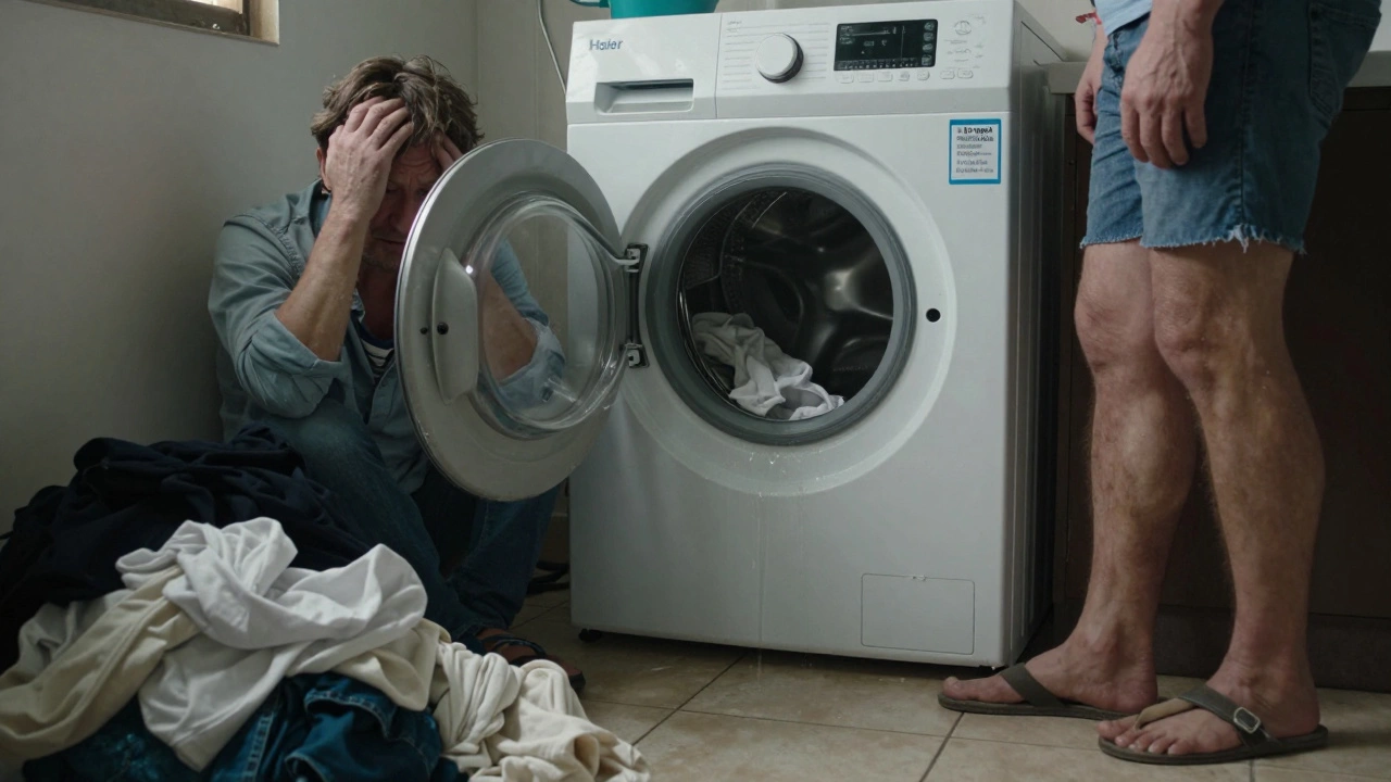 Leaking Haier washer with laundry pile vs. quiet, well-maintained Maytag machine in background.