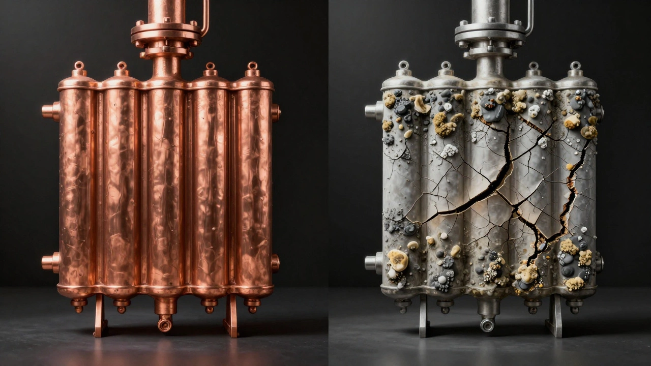 Side-by-side comparison of a new and degraded heat exchanger, revealing limescale damage and cracks.