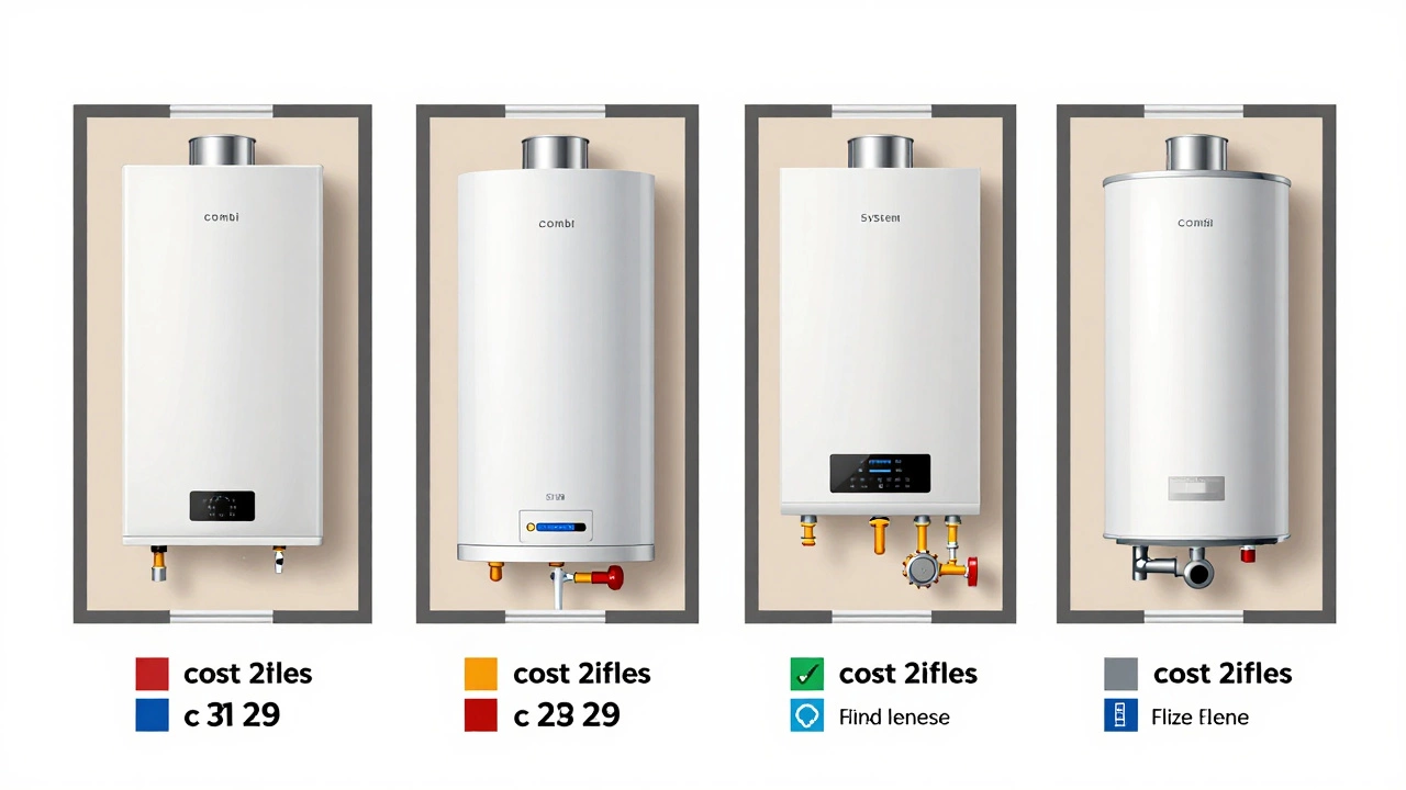 Side-by-side comparison of four boiler types with cost indicators in a home floor plan.