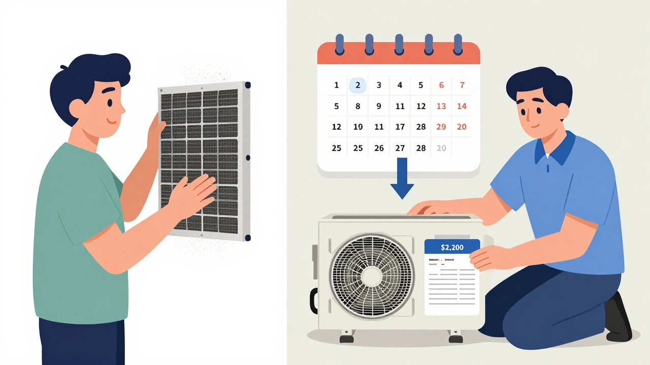 Side-by-side scene: homeowner changing a filter versus technician replacing a compressor with savings shown.