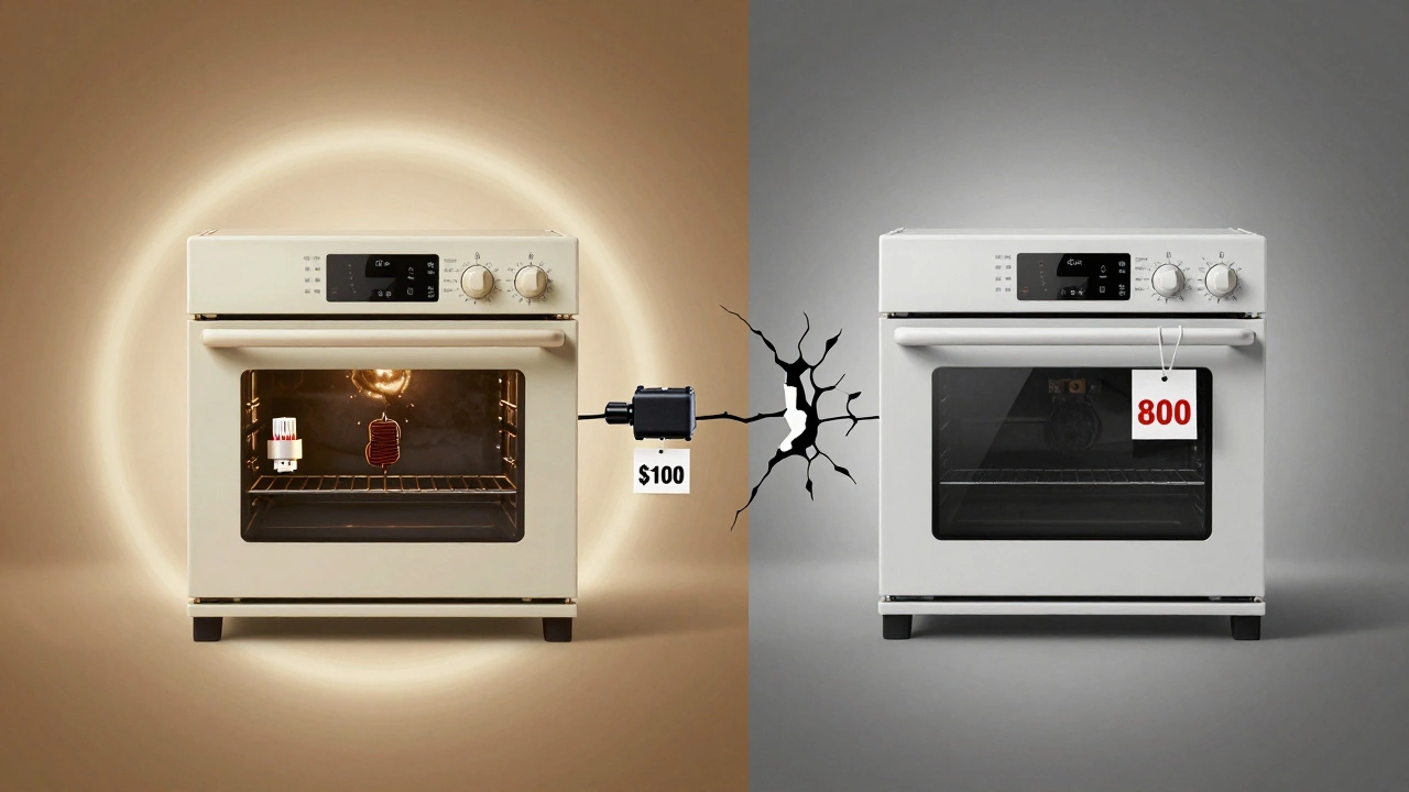 Split image comparing repair costs of aging oven parts versus buying a new oven, symbolizing a decision point.
