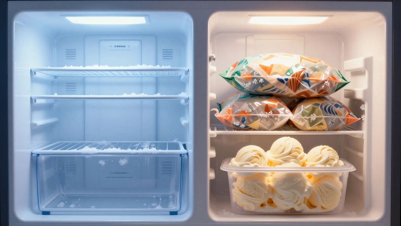 Split view of a freezer: organized and properly cooled on one side, overpacked and malfunctioning on the other.