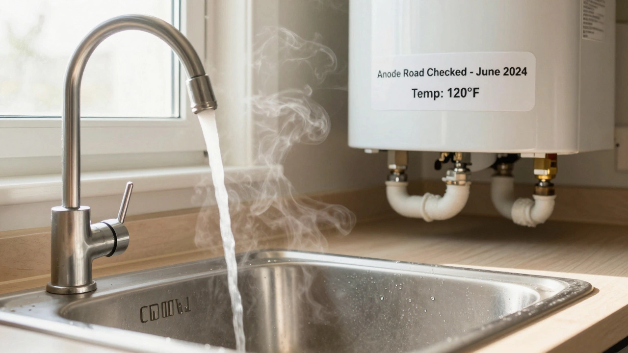 Sticker on a water heater showing maintenance dates and temperature setting of 120°F.