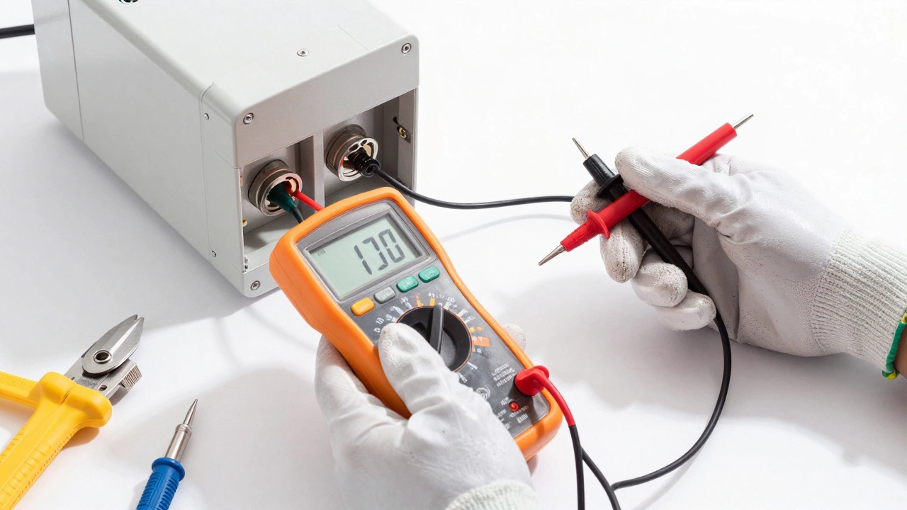 Technician testing electrical continuity with multimeter probes