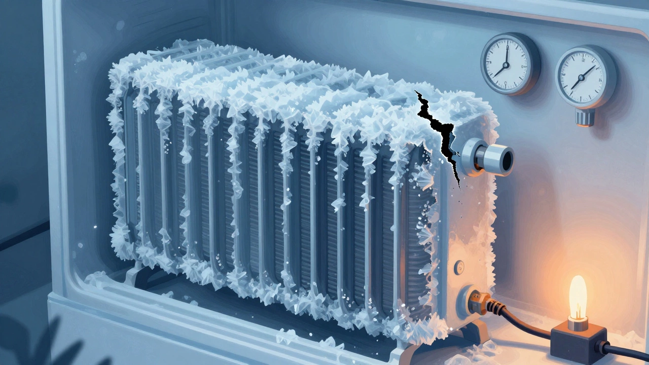 Thick ice buildup on freezer evaporator coil with faint glow of a broken defrost heater element.