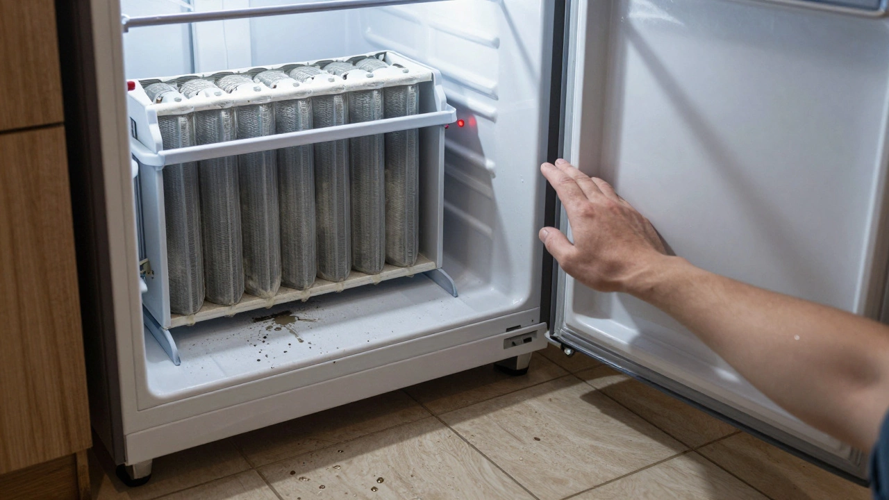 Water pooling under a running freezer with dusty coils and a warm, damaged door seal.