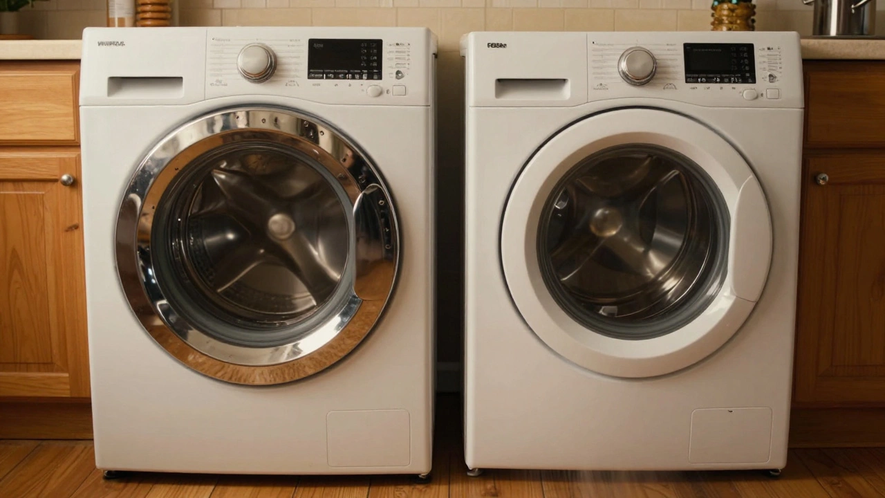 Whirlpool top-load washer operating smoothly beside a shaking budget model on a wooden floor.